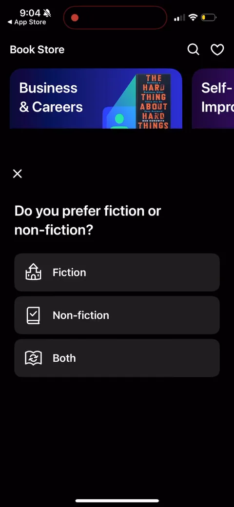 Speechify onboarding screen 172: Post-purchase they keep personalizing with a quick fiction/non-fiction question for the book store