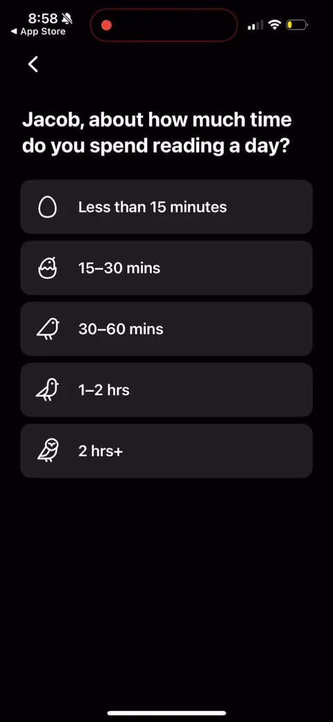Speechify onboarding screen 30: Time-spent-reading question sets up the payoff