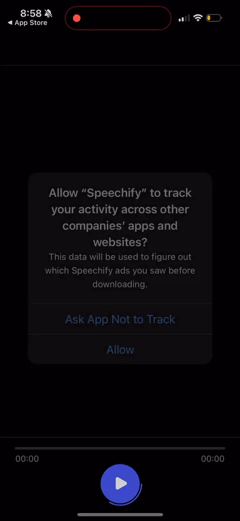 Speechify onboarding screen 35: The ATT prompt fires mid-demo with honest copy about matching you to ads you saw