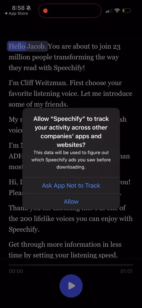 Speechify onboarding screen 36: Here's the real demo