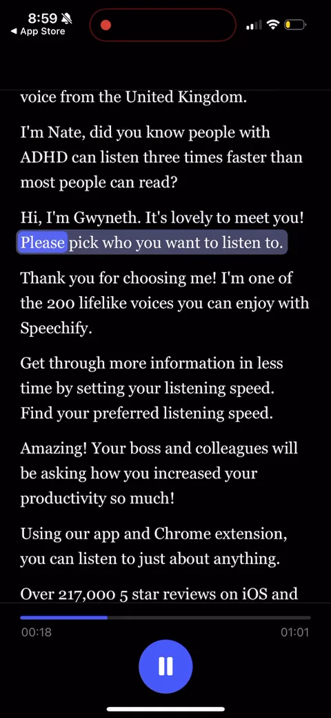 Speechify onboarding screen 50: 