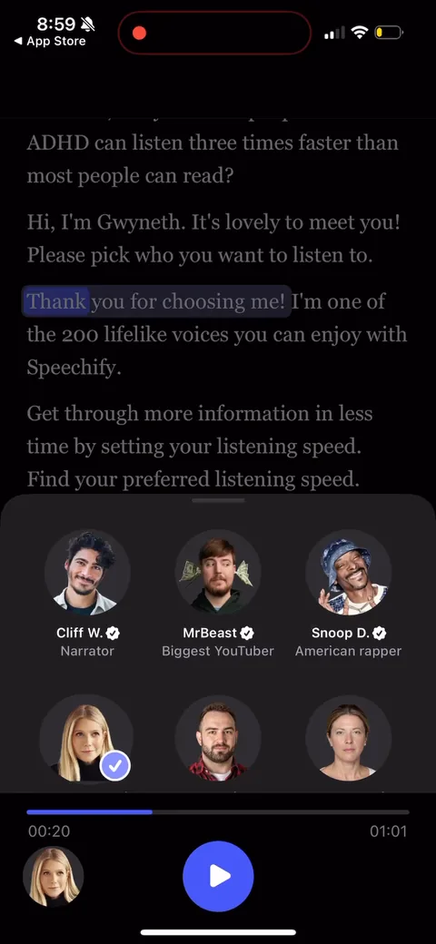 Speechify onboarding screen 60