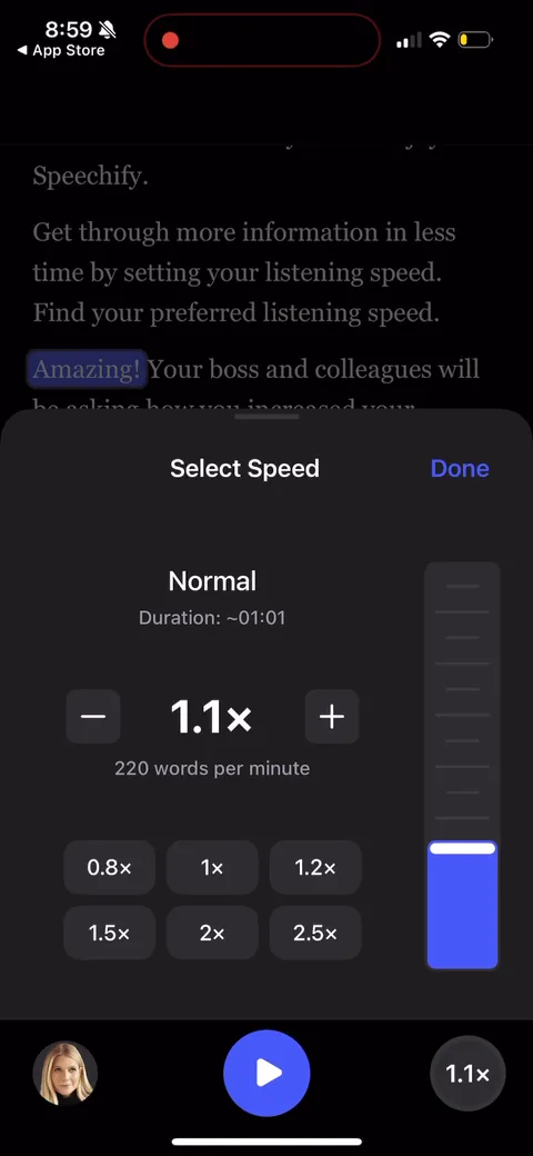 Speechify onboarding screen 69: Setting your words-per-minute lets you feel the core benefit with your own hands