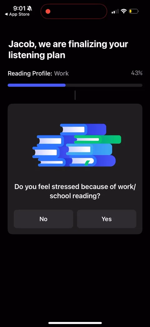 Speechify onboarding screen 94: Yes/no questions during the finalize: stressed by work reading, feel like a slow reader, have adhd or dyslexia