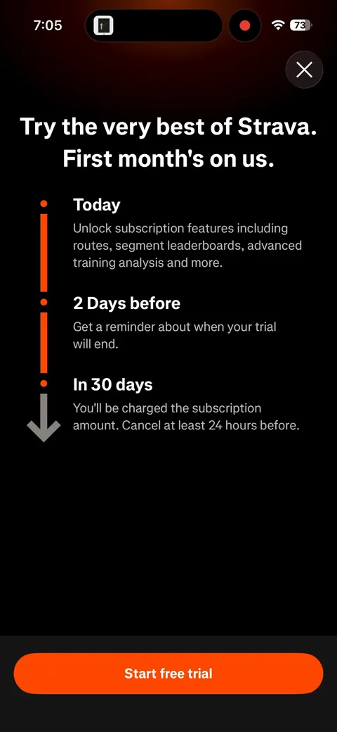 Strava App2Web onboarding screen 2: The contextual paywall in its first state: 'Try the very best of Strava