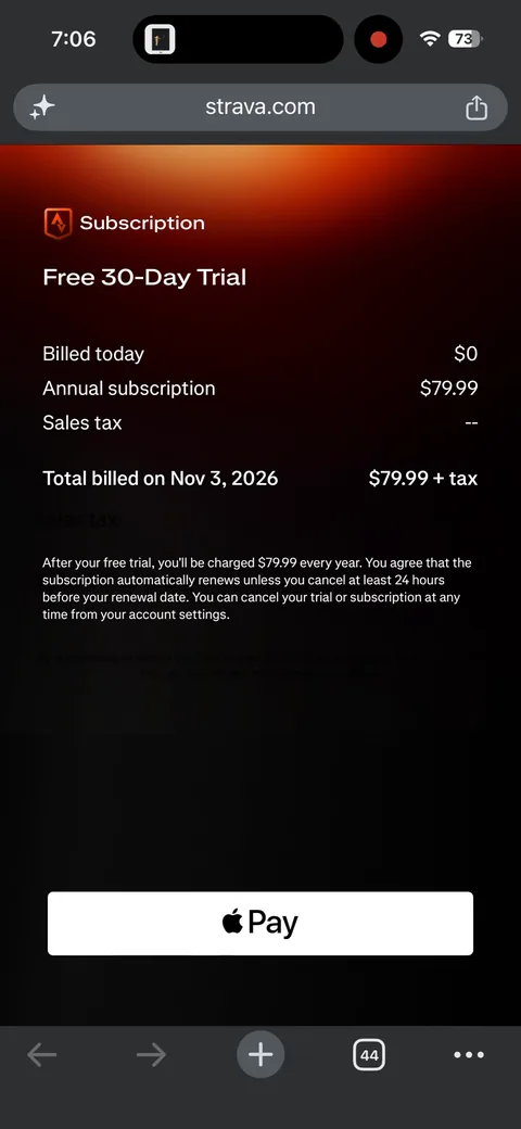 Strava App2Web onboarding screen 8: strava.com checkout: 'Free 30-Day Trial', Billed today $0, Annual subscription $79.99, 'Total billed on Nov…