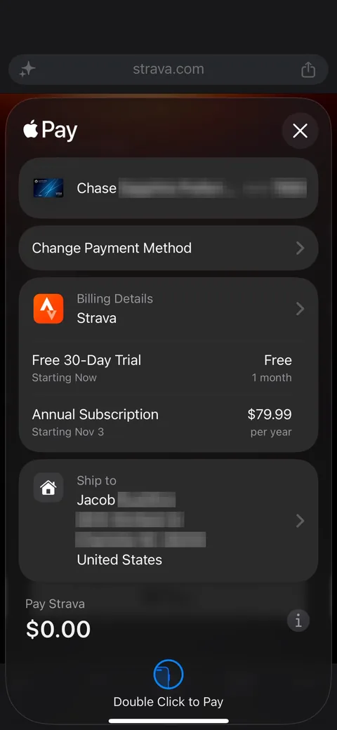 Strava App2Web onboarding screen 9: Apple Pay on the web: 'Pay Strava $0.00', 'Free 30-Day Trial, Starting Now' then 'Annual Subscription $79.99…