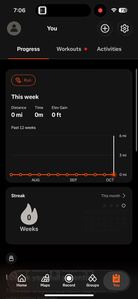 Strava App2Web onboarding screen 12: Back in the app after the web checkout, you land on the You tab with an empty week (0 mi, 0m, 0 ft)
