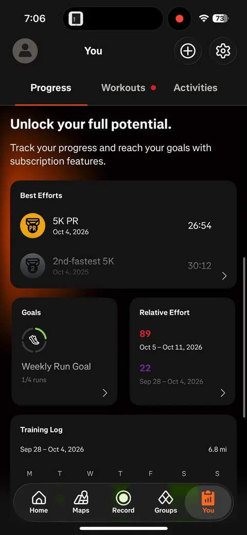 Strava App2Web onboarding screen 13: The You tab still shows 'Unlock your full potential