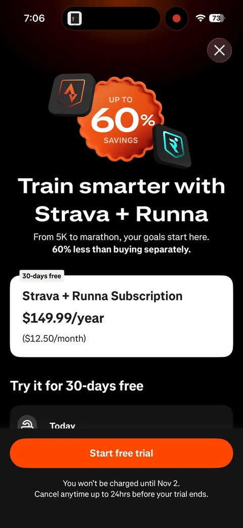 Strava App2Web onboarding screen 16: The Strava + Runna paywall: '60% less than buying separately', one plan at $149.99/year ($12.50/month), 30…