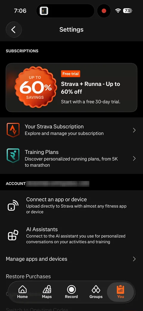 Strava App2Web onboarding screen 17: Settings has a Subscriptions section that leads with a 'Strava + Runna, Up to 60% off, Start with a free…