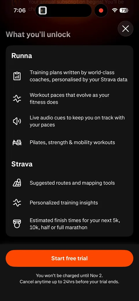 Strava App2Web onboarding screen 22: 'What you'll unlock' splits benefits into Runna (training plans 'personalised by your Strava data', paces…