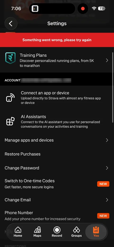 Strava App2Web onboarding screen 25: After backing out of the bundle purchase, Settings shows a red 'Something went wrong, please try again' banner