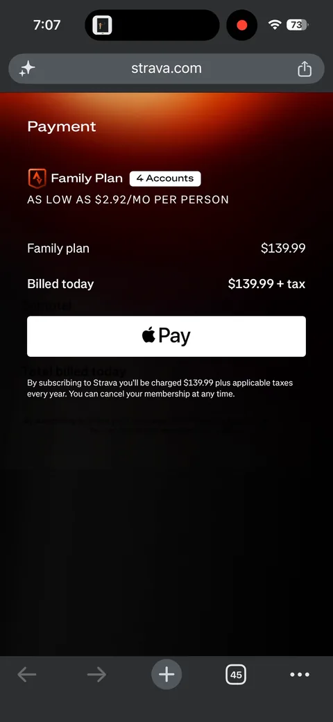 Strava App2Web onboarding screen 30: Family plan on the web: '4 Accounts', 'As low as $2.92/mo per person', but 'Billed today $139.99 + tax'