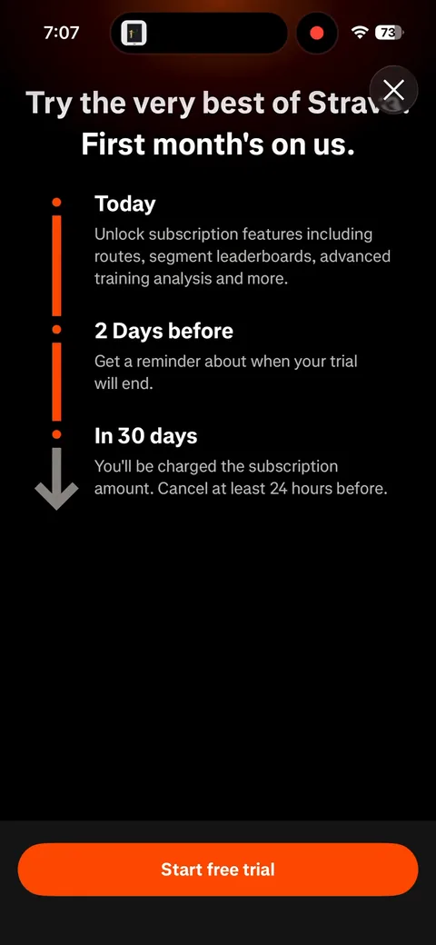 Strava App2Web onboarding screen 36: Compare the trial dates across paths: this paywall says 'You won't be charged until Nov 2', web checkout says…