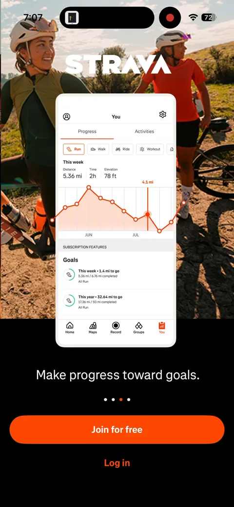 Strava onboarding screen 1: 'Make progress toward goals.' over a phone mockup of the You tab, and the Goals widget is labeled…
