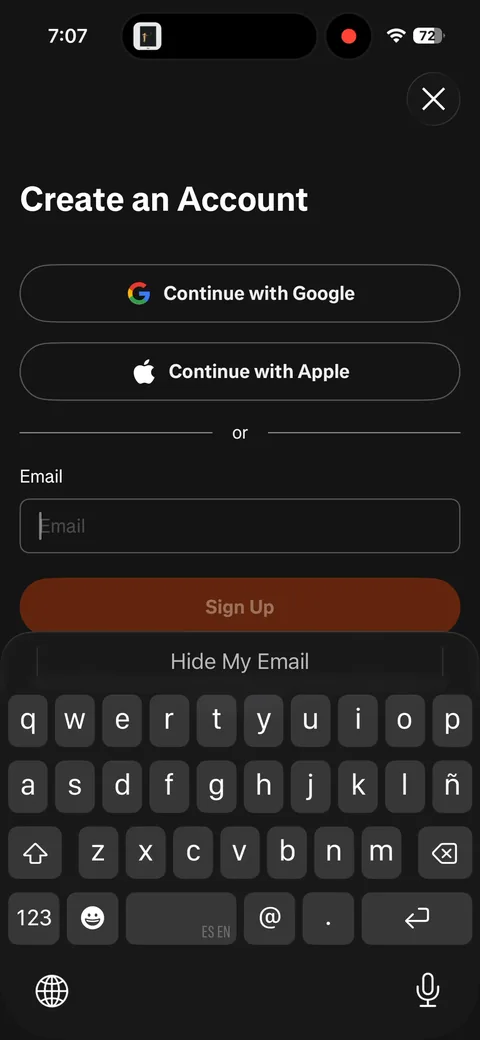 Strava onboarding screen 3: Account creation is still step one, same as 2024: Google, Apple, or email before any question