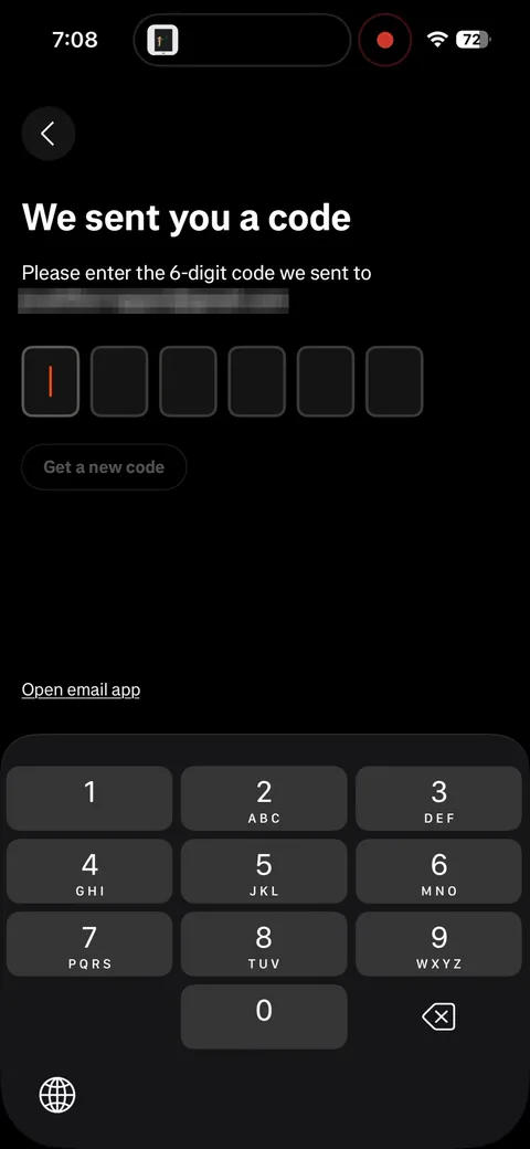 Strava onboarding screen 8: 'We sent you a code' with a 6-digit field and 'Open email app'