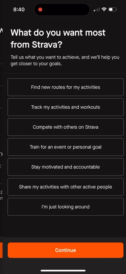 Strava onboarding screen 17: 'What do you want most from Strava?' with seven options from 'Find new routes' to 'Compete with others' to…