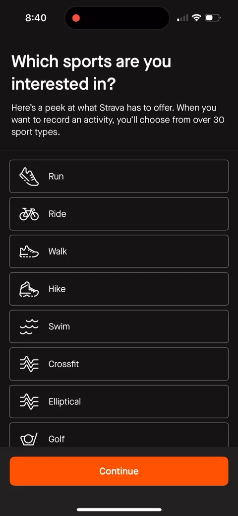 Strava onboarding screen 18: 'Which sports are you interested in?' doubles as a feature tour: 'Here's a peek at what Strava has to offer'…