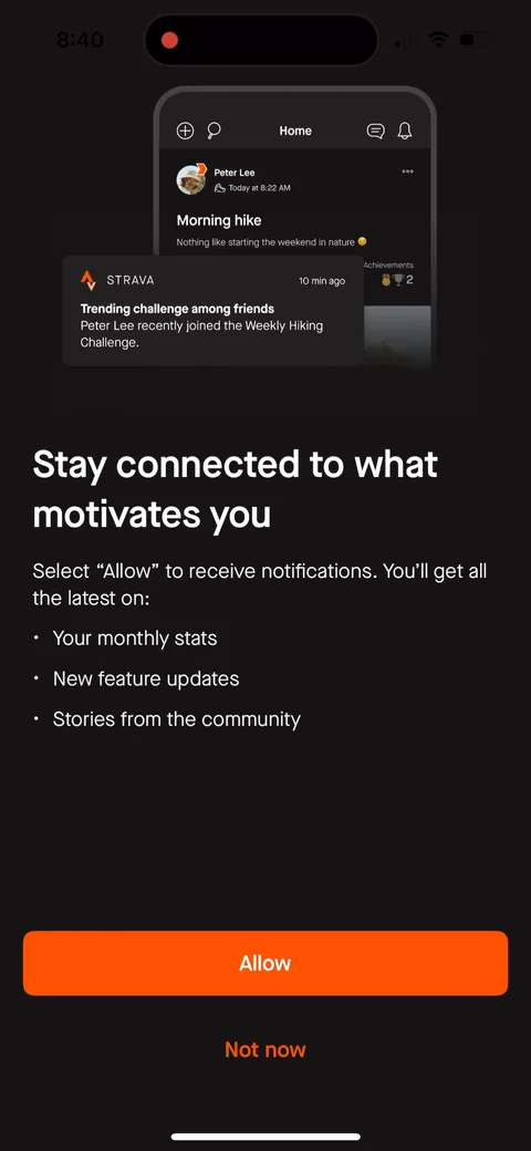 Strava onboarding screen 20: Notification primer before the system prompt, with a mocked push about a friend joining the 'Weekly Hiking…