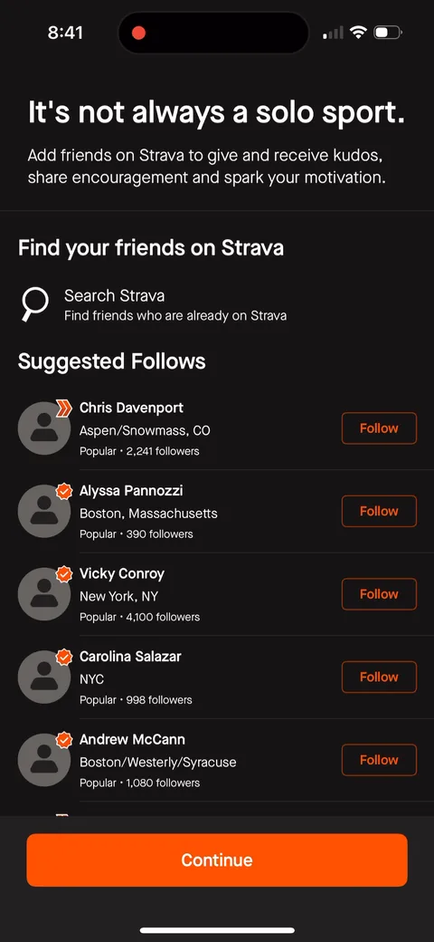 Strava onboarding screen 23: 'It's not always a solo sport' with suggested follows right after the paywall