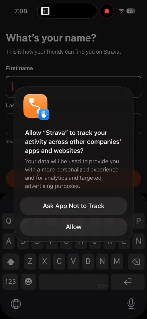 Strava onboarding screen 24: The App Tracking Transparency prompt fires on the name screen, seconds after signup and before Strava has…