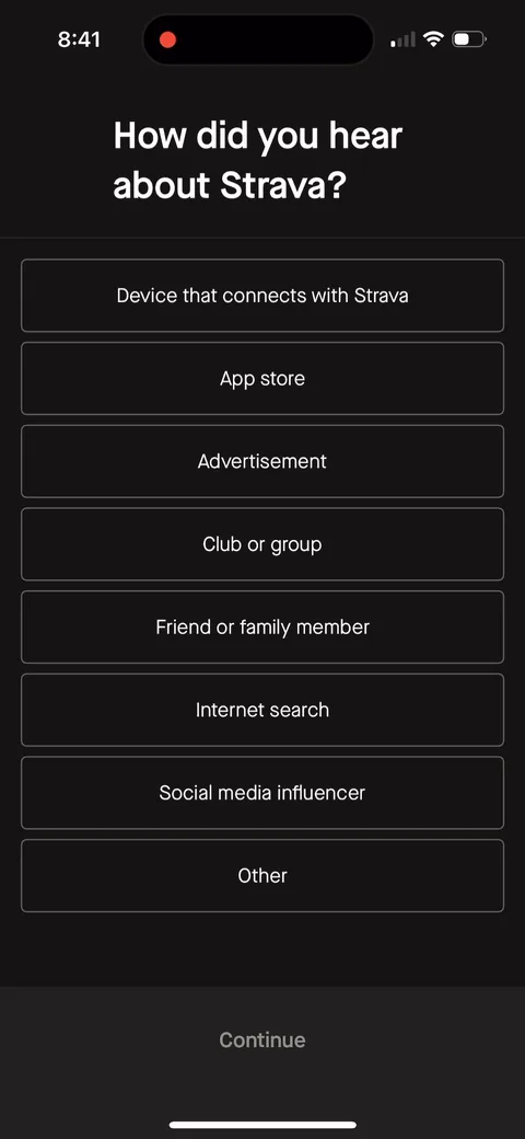 Strava onboarding screen 24: 'How did you hear about Strava?' as self-reported attribution, with 'Device that connects with Strava' as the…