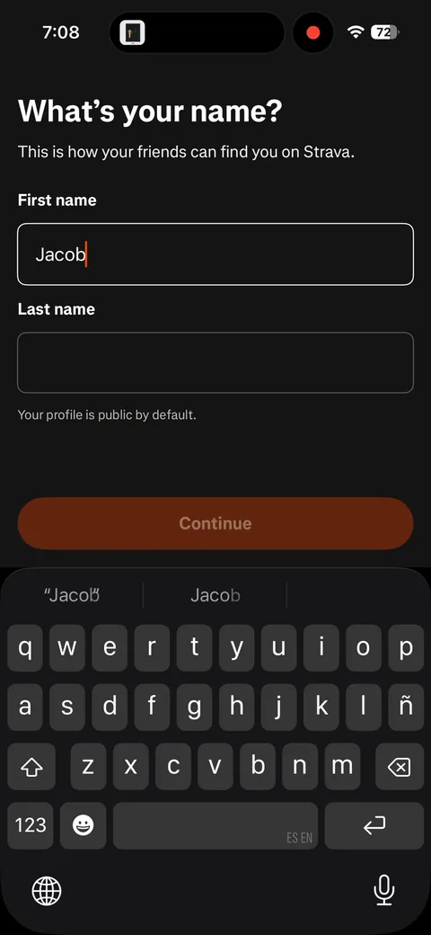 Strava onboarding screen 25: 'What's your name