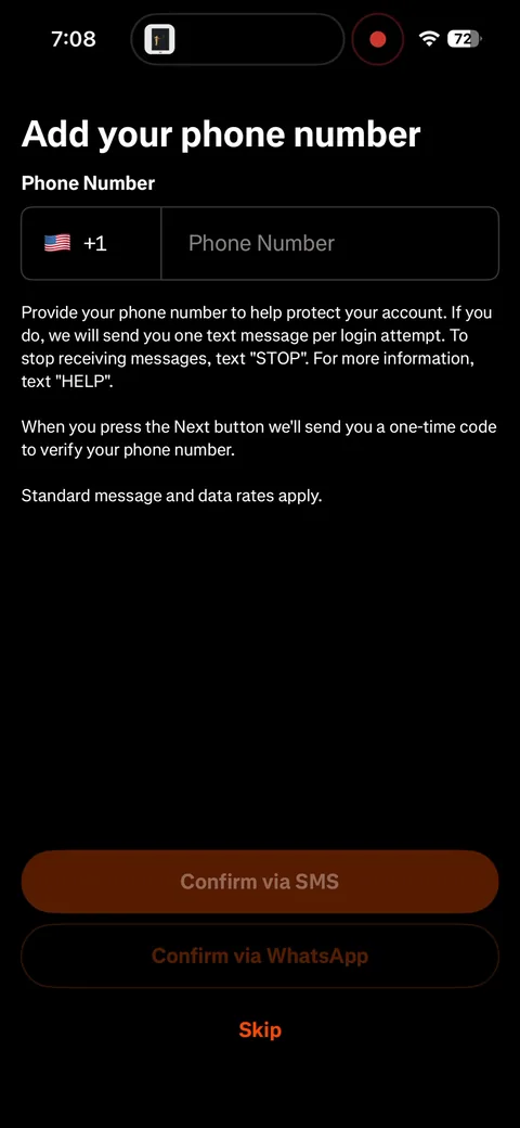Strava onboarding screen 26: New since 2024: 'Add your phone number' right after the name, framed as security ('help protect your…