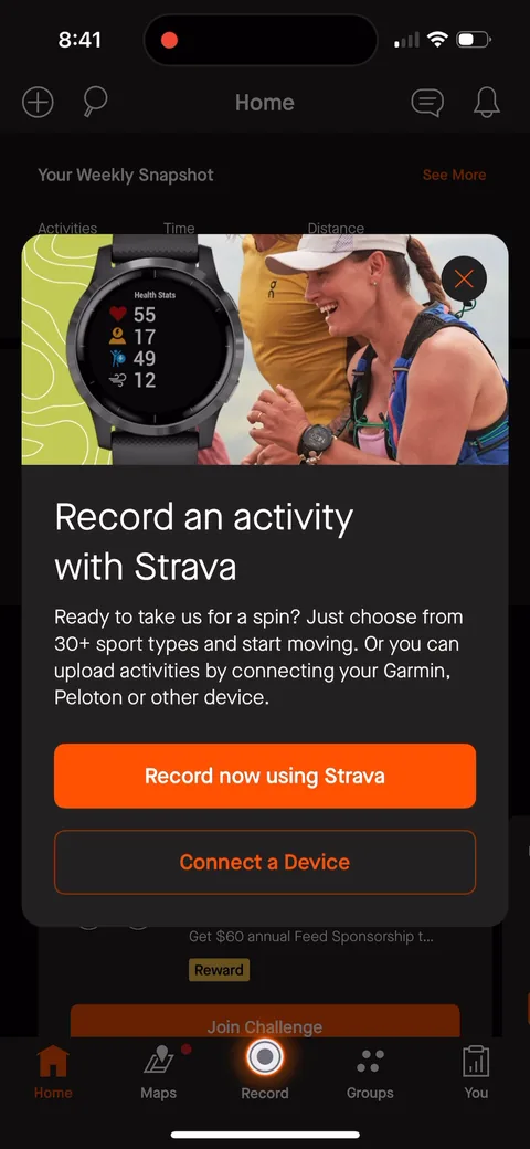 Strava onboarding screen 27: First thing on the home screen is a modal: 'Record an activity with Strava' or 'Connect a Device'