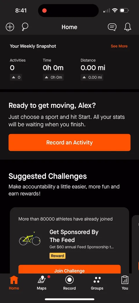 Strava onboarding screen 28: Empty-state home with 'Ready to get moving, Alex?' and a single 'Record an Activity' button above the…