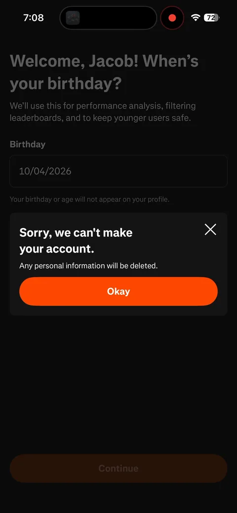 Strava onboarding screen 28: The birthday picker defaults to today's date (10/04/2026)