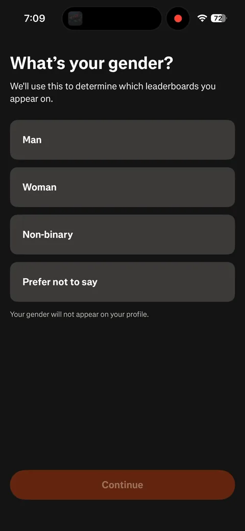 Strava onboarding screen 35: 'What's your gender?' with the reason right under it: 'We'll use this to determine which leaderboards you…