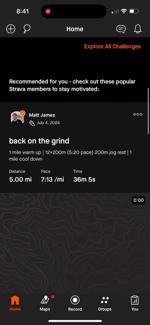 Strava onboarding screen 35: 'Recommended for you: check out these popular Strava members' fills the empty feed with real activities from…