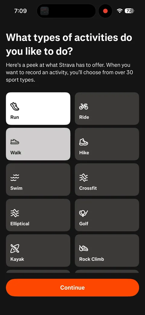 Strava onboarding screen 37: 'What types of activities do you like to do?' doubles as a feature tour: 'Here's a peek at what Strava has to…