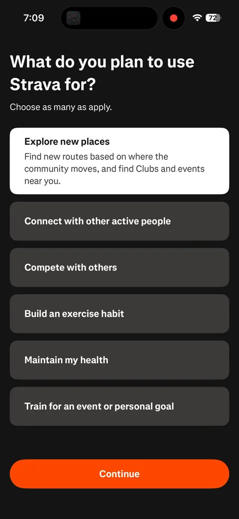 Strava onboarding screen 40: 'What do you plan to use Strava for
