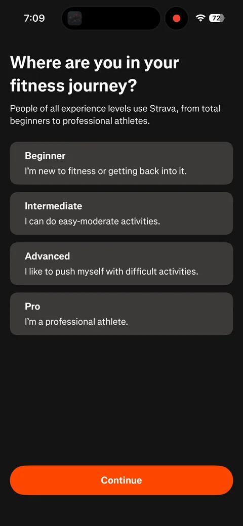 Strava onboarding screen 41: 'Where are you in your fitness journey?' from Beginner to Pro