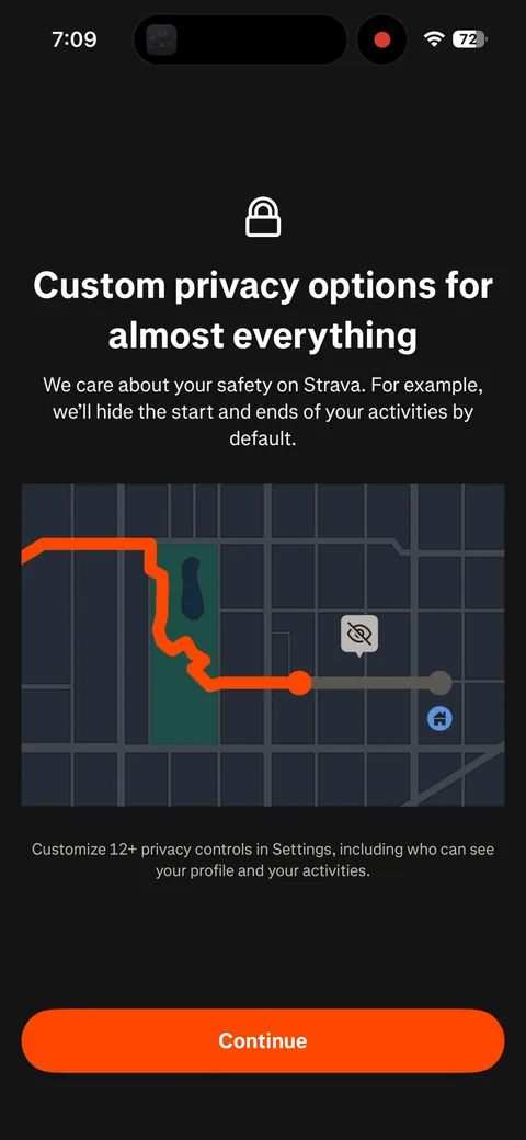 Strava onboarding screen 42: 'Custom privacy options for almost everything' with 'we'll hide the start and ends of your activities by…