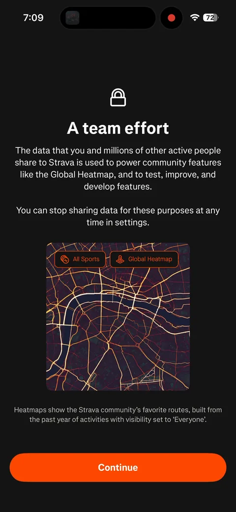 Strava onboarding screen 43: 'A team effort' asks for data sharing, framed around the Global Heatmap: your data powers community features…
