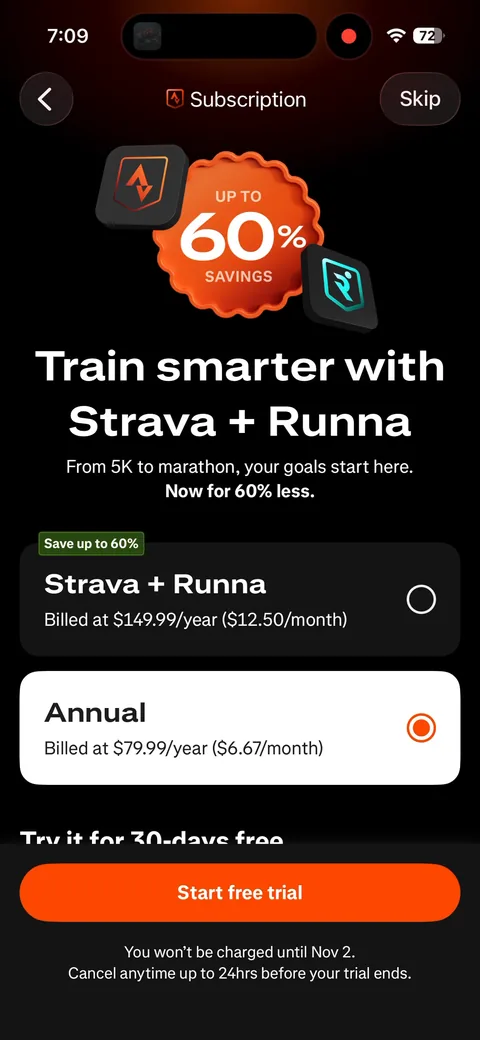 Strava onboarding screen 44: The paywall now leads with 'Train smarter with Strava + Runna