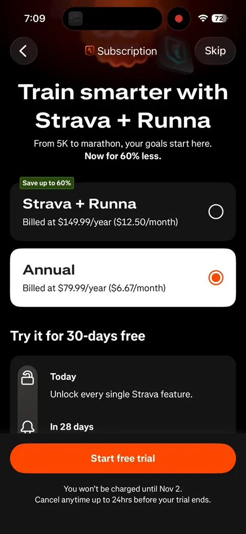 Strava paywall with pricing, onboarding screen 45