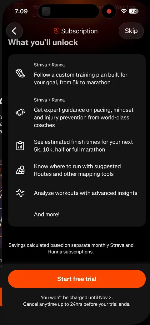 Strava onboarding screen 48: 'What you'll unlock' leads with three Strava + Runna features (custom training plan, expert guidance…