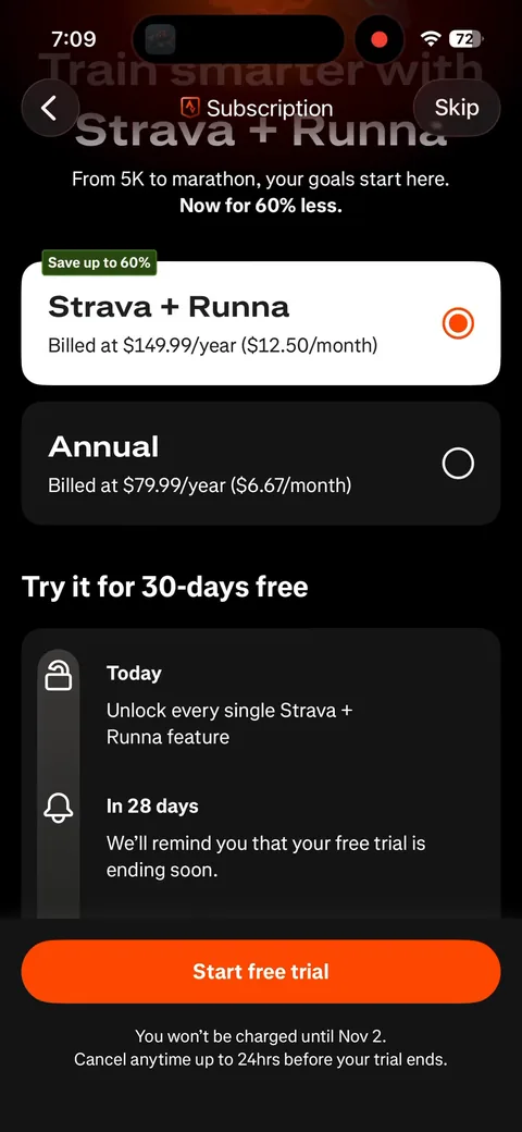 Strava onboarding screen 51: Switch to Strava + Runna and the trial timeline updates: 'Unlock every single Strava + Runna feature' and…