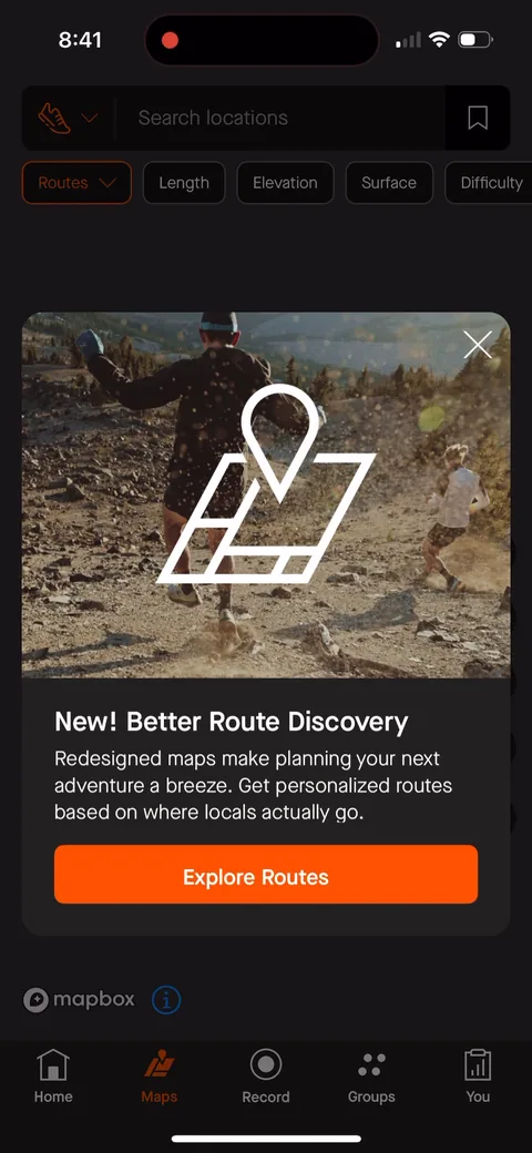Strava onboarding screen 54: Feature announcement on the Maps tab: 'New