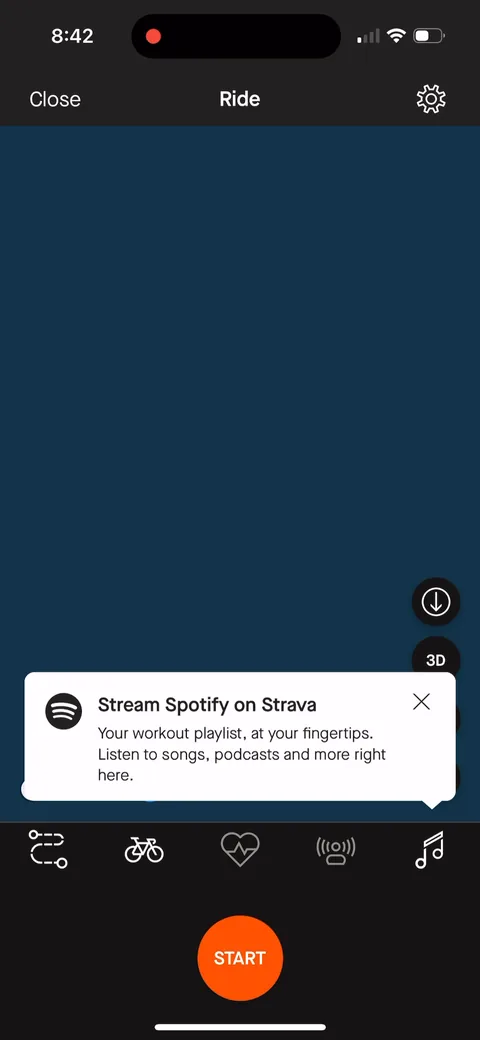 Strava onboarding screen 58: Spotify integration promo on the record screen: 'Your workout playlist at your fingertips'