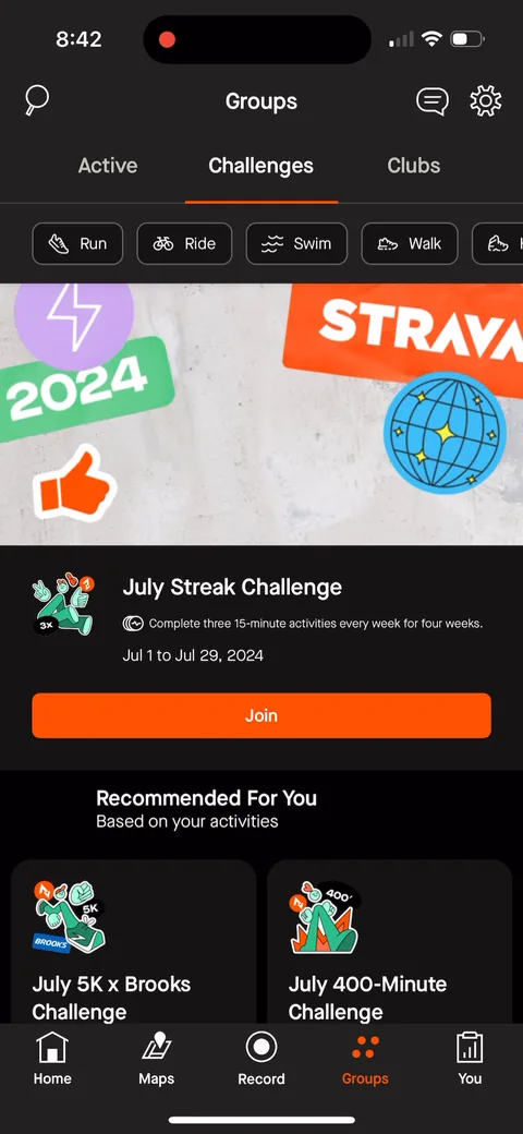 Strava onboarding screen 61: Challenges tab 'Recommended for you based on your activities' with 'July Streak Challenge', 'July 5K x…