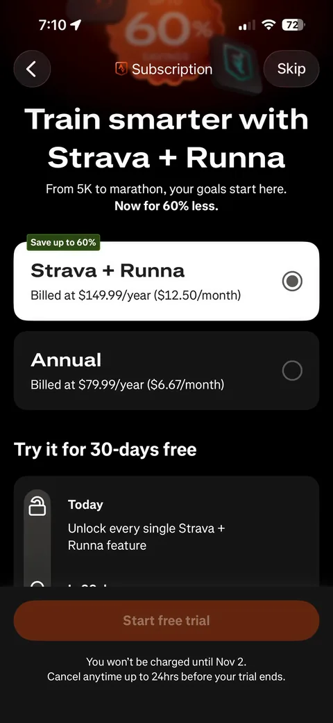 Strava onboarding screen 61: Small mismatch worth flagging: the paywall says 'You won't be charged until Nov 2', but the Apple sheet for…