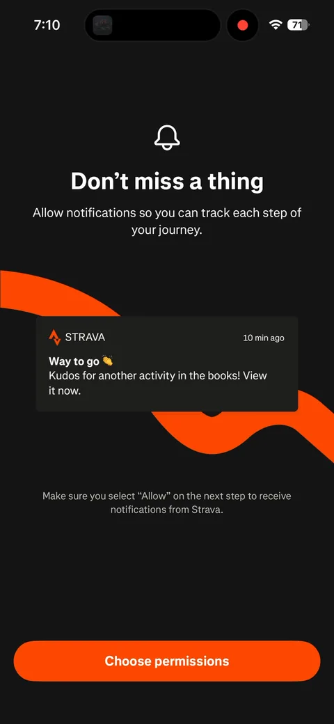 Strava onboarding screen 68: Notification primer after the paywall, with a mocked push: 'Way to go