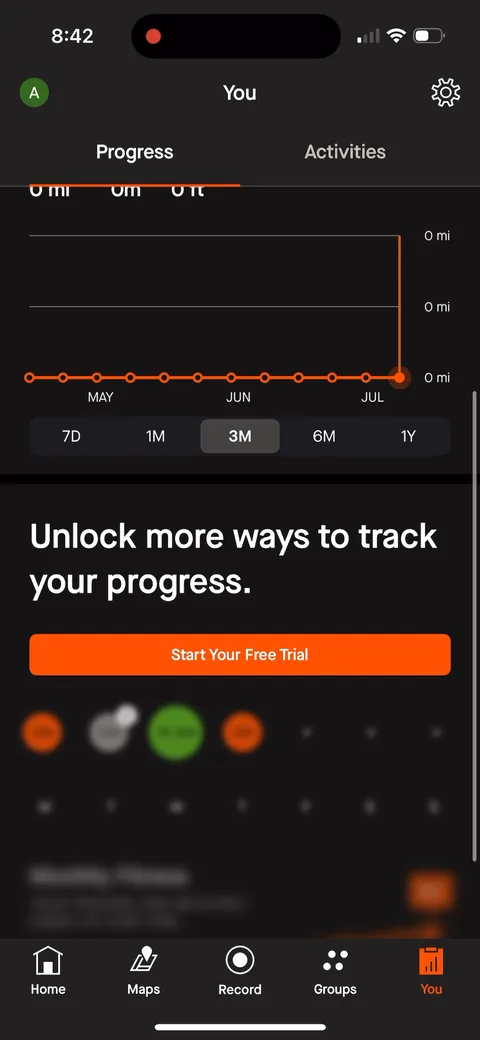 Strava onboarding screen 68: The You tab shows an empty progress chart and then 'Unlock more ways to track your progress' with 'Start Your…